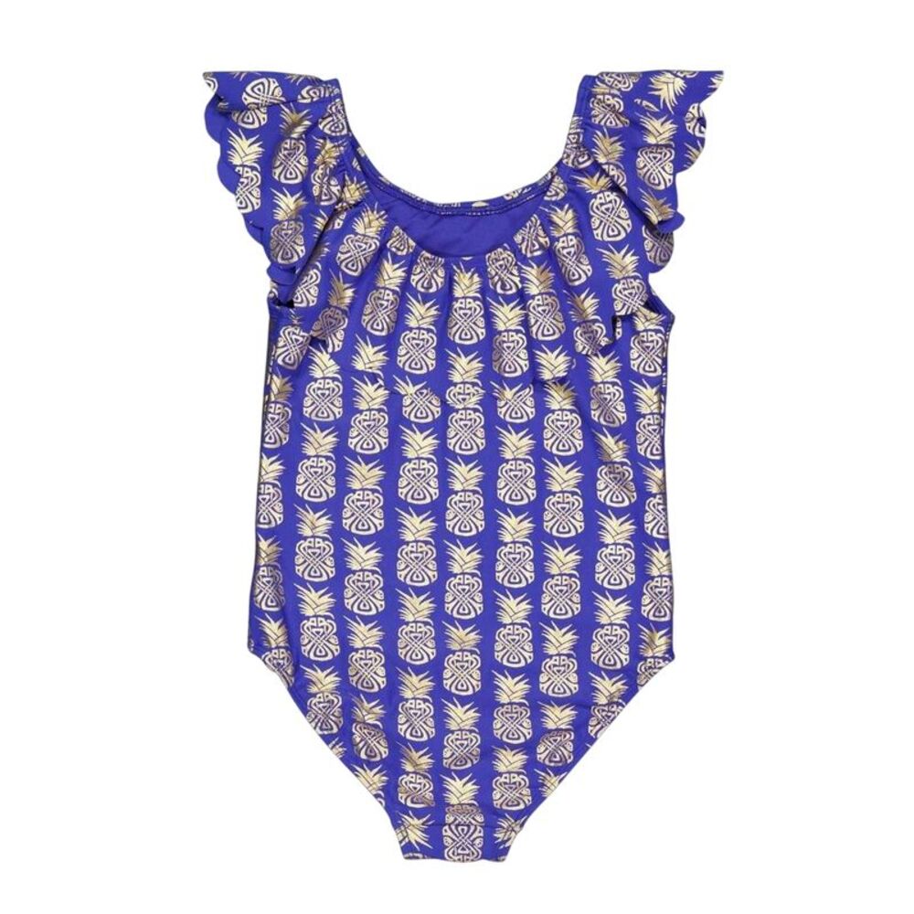 Biba Girls Geometric Frill One Piece Bathing Suit / Blue
